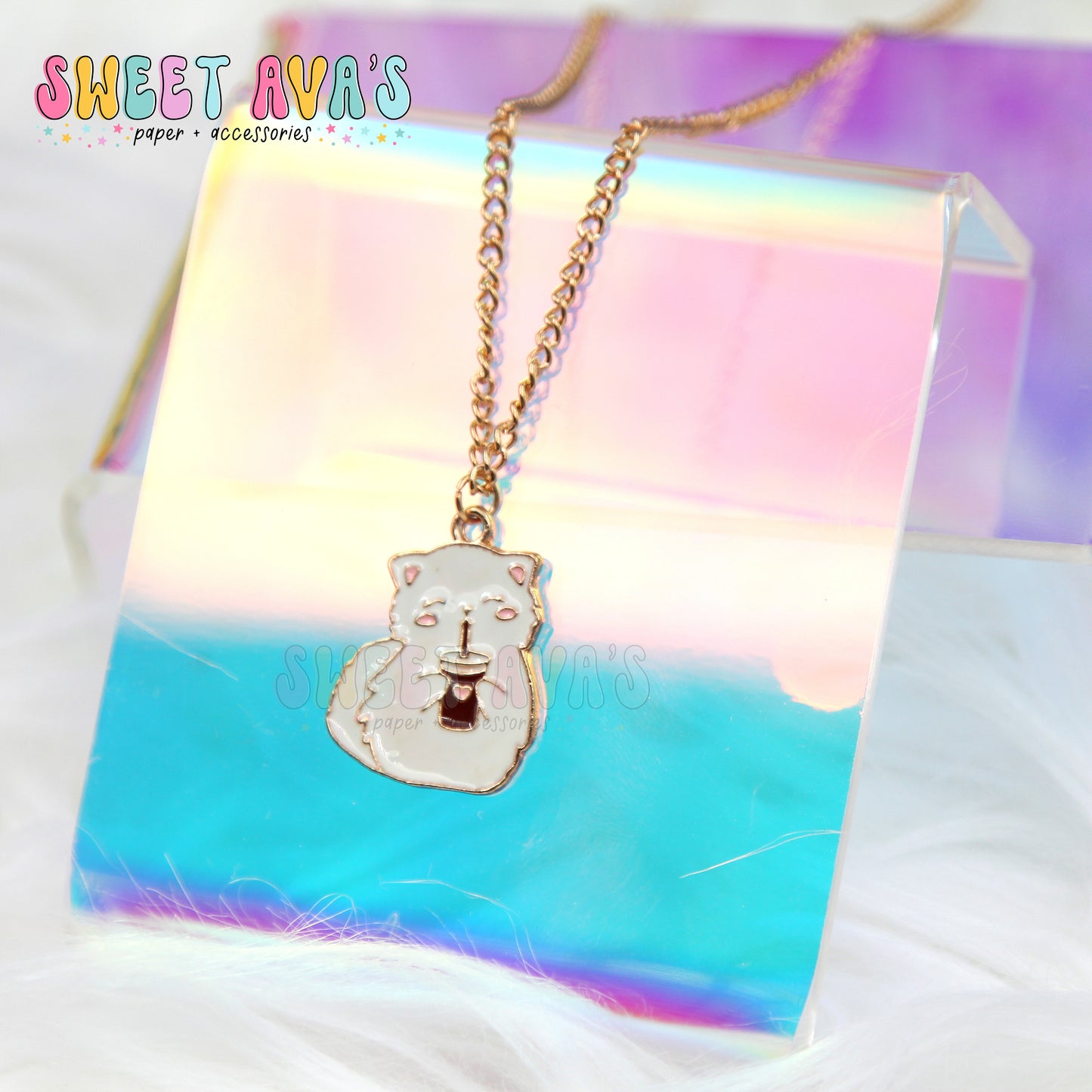 Snowball the Cat Drinking Iced Coffee Necklace