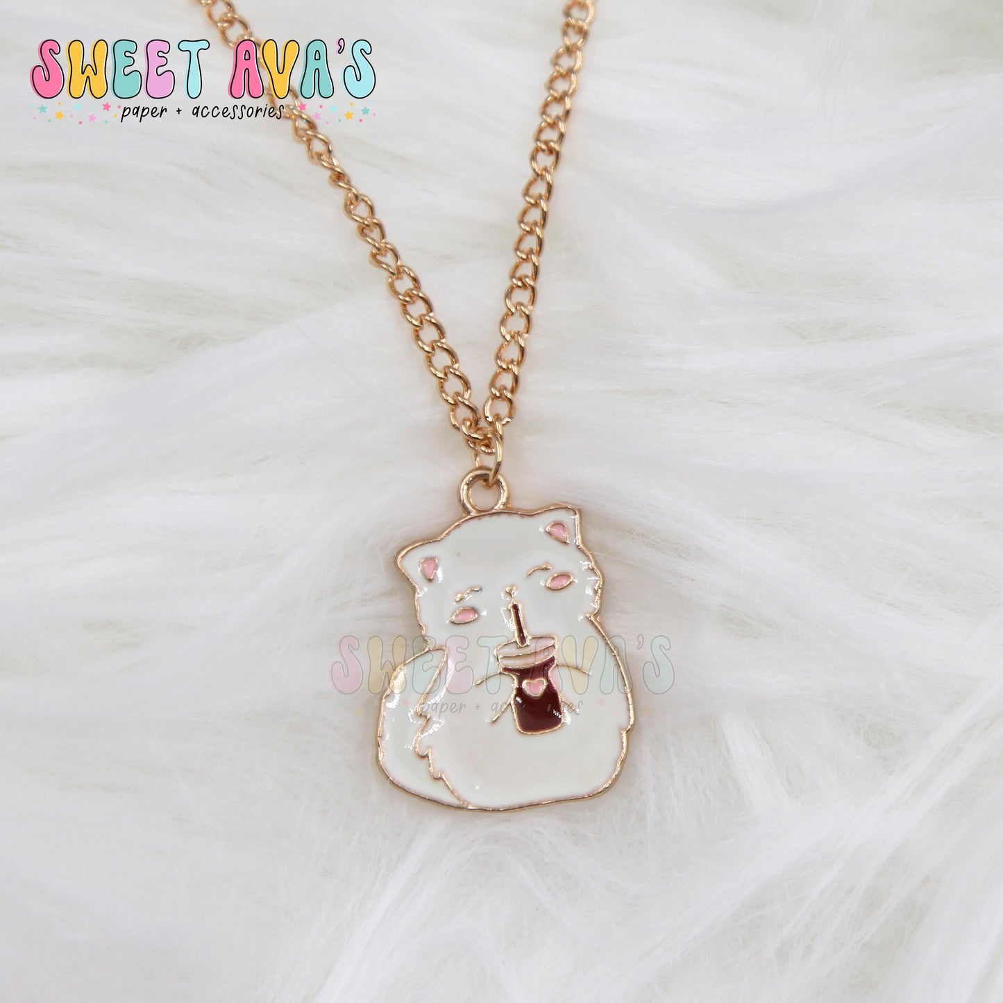 Snowball the Cat Drinking Iced Coffee Necklace