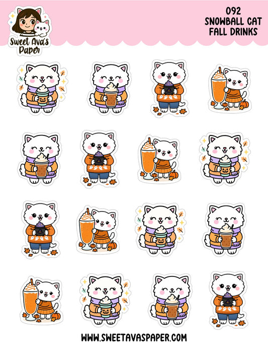 Snowball Cat Fall Drinks Planner Stickers – Physical Kawaii Autumn Coffee & Pumpkin Drink Stickers [092]