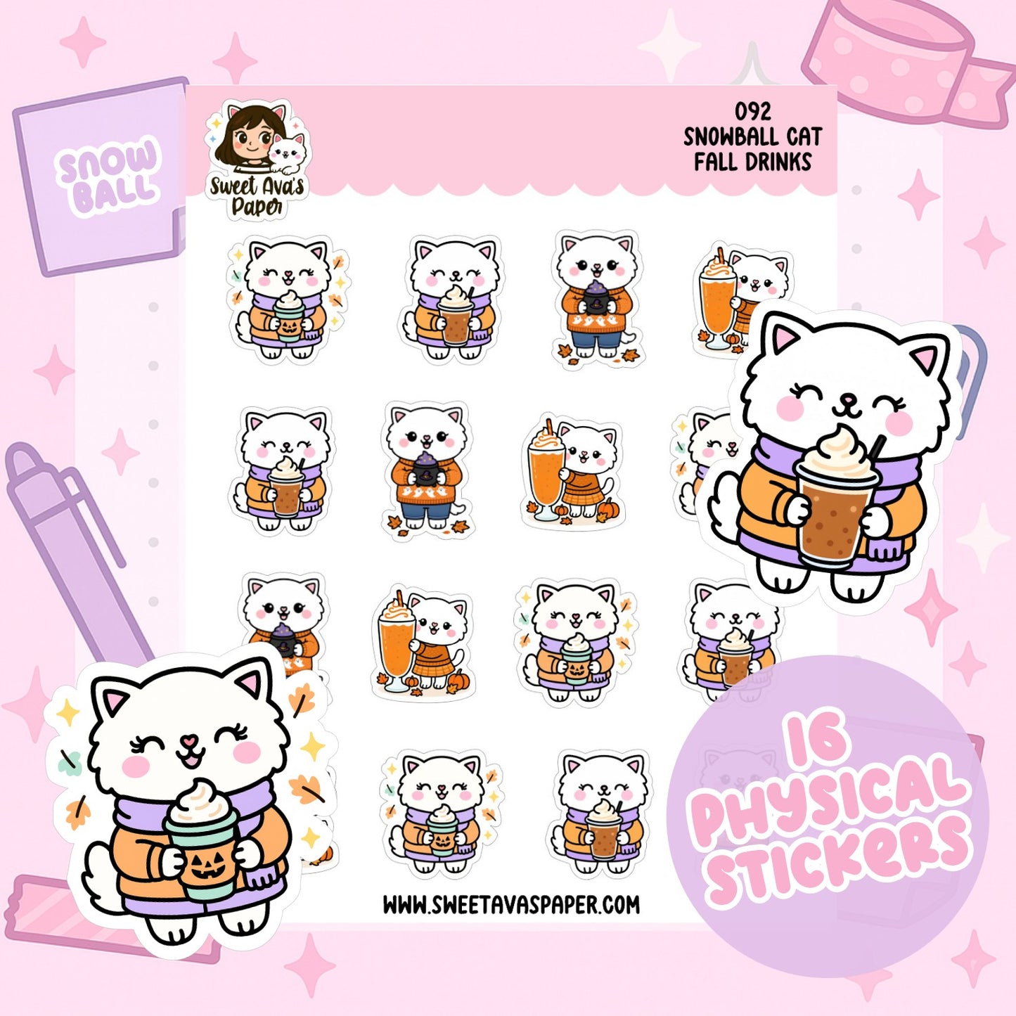 Snowball Cat Fall Drinks Planner Stickers – Physical Kawaii Autumn Coffee & Pumpkin Drink Stickers [092]