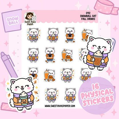 Snowball Cat Fall Drinks Planner Stickers – Physical Kawaii Autumn Coffee & Pumpkin Drink Stickers [092]