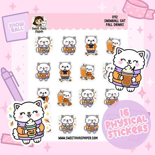 Snowball Cat Fall Drinks Planner Stickers – Physical Kawaii Autumn Coffee & Pumpkin Drink Stickers [092]