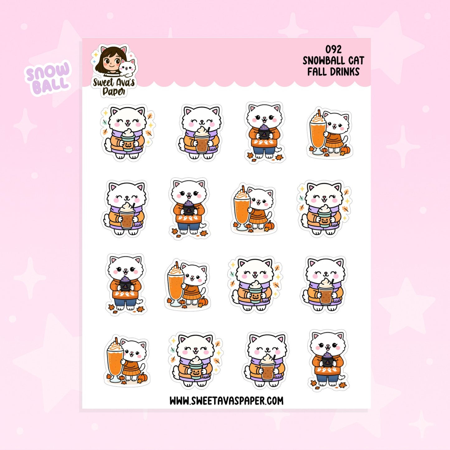 Snowball Cat Fall Drinks Planner Stickers – Physical Kawaii Autumn Coffee & Pumpkin Drink Stickers [092]