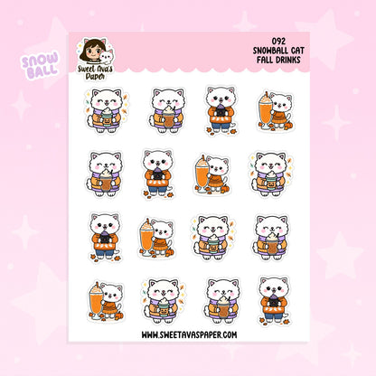 Snowball Cat Fall Drinks Planner Stickers – Physical Kawaii Autumn Coffee & Pumpkin Drink Stickers [092]
