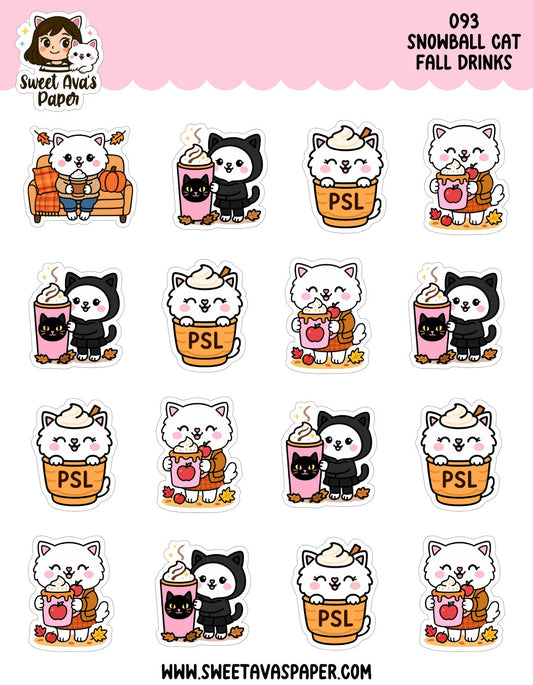 Snowball Cat Fall Drinks Planner Stickers – Physical Kawaii Autumn Coffee & Pumpkin Spice Stickers [093]