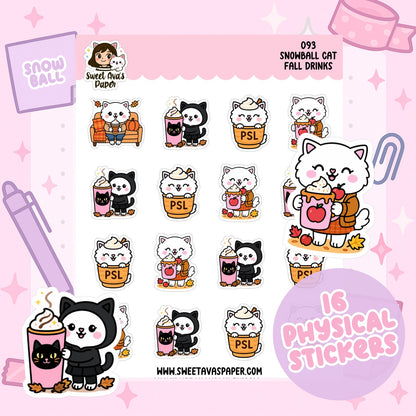 Snowball Cat Fall Drinks Planner Stickers – Physical Kawaii Autumn Coffee & Pumpkin Spice Stickers [093]