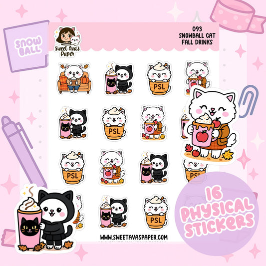 Snowball Cat Fall Drinks Planner Stickers – Physical Kawaii Autumn Coffee & Pumpkin Spice Stickers [093]