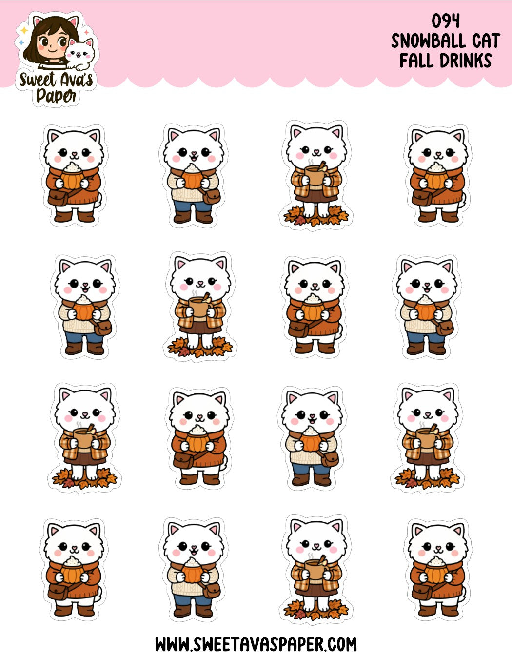 Snowball Cat Fall Drinks Planner Stickers – Physical Kawaii Autumn Coffee & Seasonal Stickers [094]