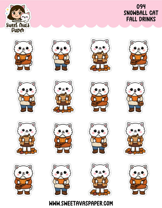 Snowball Cat Fall Drinks Planner Stickers – Physical Kawaii Autumn Coffee & Seasonal Stickers [094]