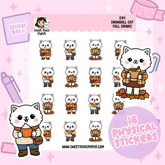 Snowball Cat Fall Drinks Planner Stickers – Physical Kawaii Autumn Coffee & Seasonal Stickers [094]