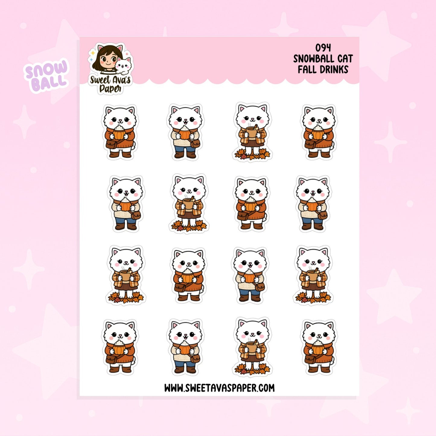 Snowball Cat Fall Drinks Planner Stickers – Physical Kawaii Autumn Coffee & Seasonal Stickers [094]