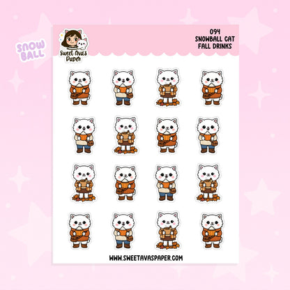 Snowball Cat Fall Drinks Planner Stickers – Physical Kawaii Autumn Coffee & Seasonal Stickers [094]