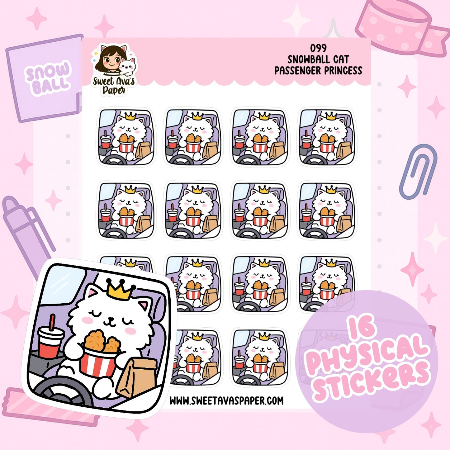 Snowball Cat Passenger Princess Planner Stickers – Physical Kawaii Travel & Car Ride Stickers [099]