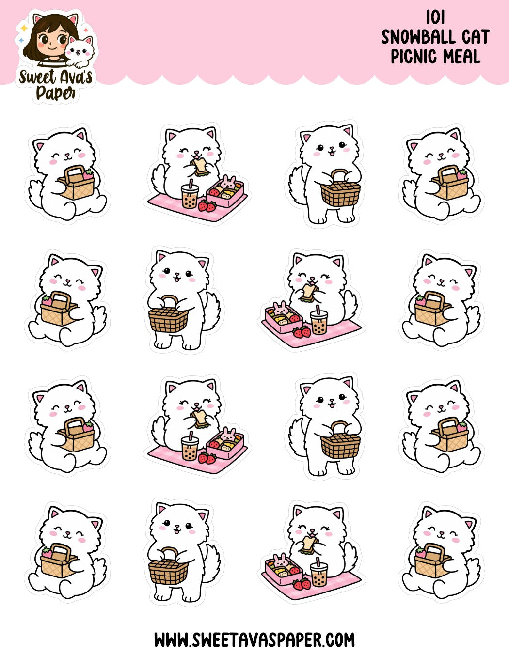 Snowball Cat Picnic Meal Planner Stickers – Physical Kawaii Food & Outing Stickers for Planners [101]