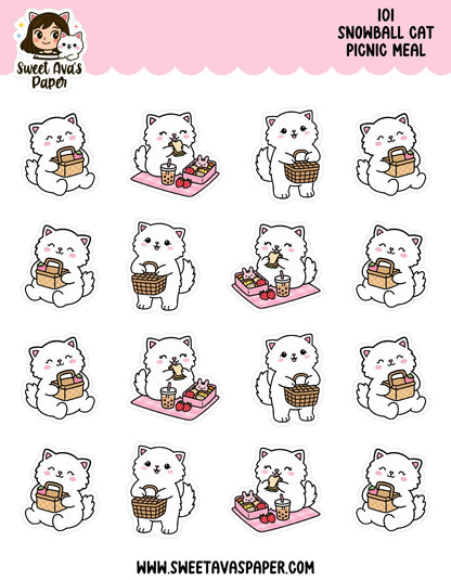 Snowball Cat Picnic Meal Planner Stickers – Physical Kawaii Food & Outing Stickers for Planners [101]