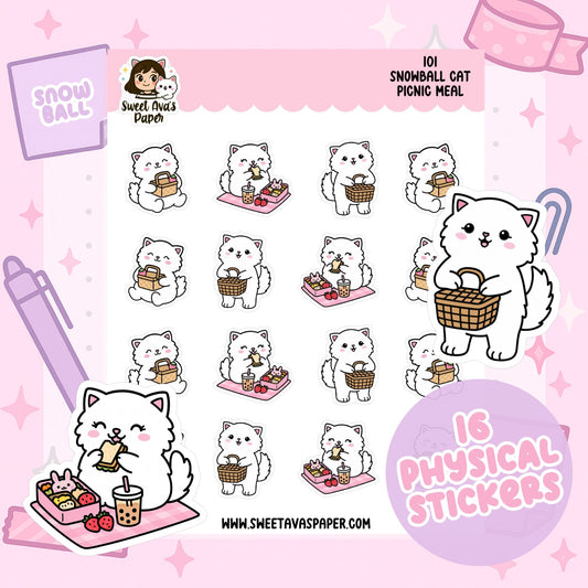 Snowball Cat Picnic Meal Planner Stickers – Physical Kawaii Food & Outing Stickers for Planners [101]