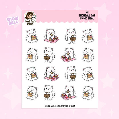 Snowball Cat Picnic Meal Planner Stickers – Physical Kawaii Food & Outing Stickers for Planners [101]