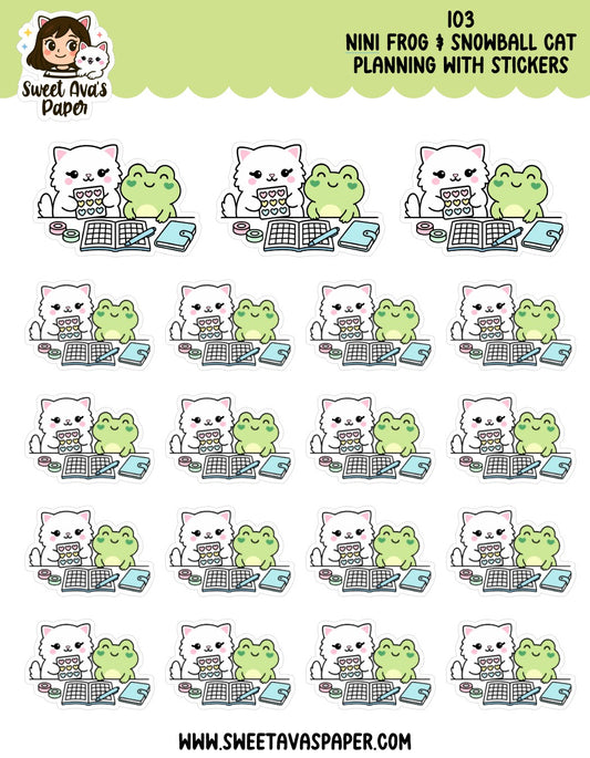 Nini Frog & Snowball Cat Planning With Stickers – Physical Kawaii Planner Stickers for Journals [103]