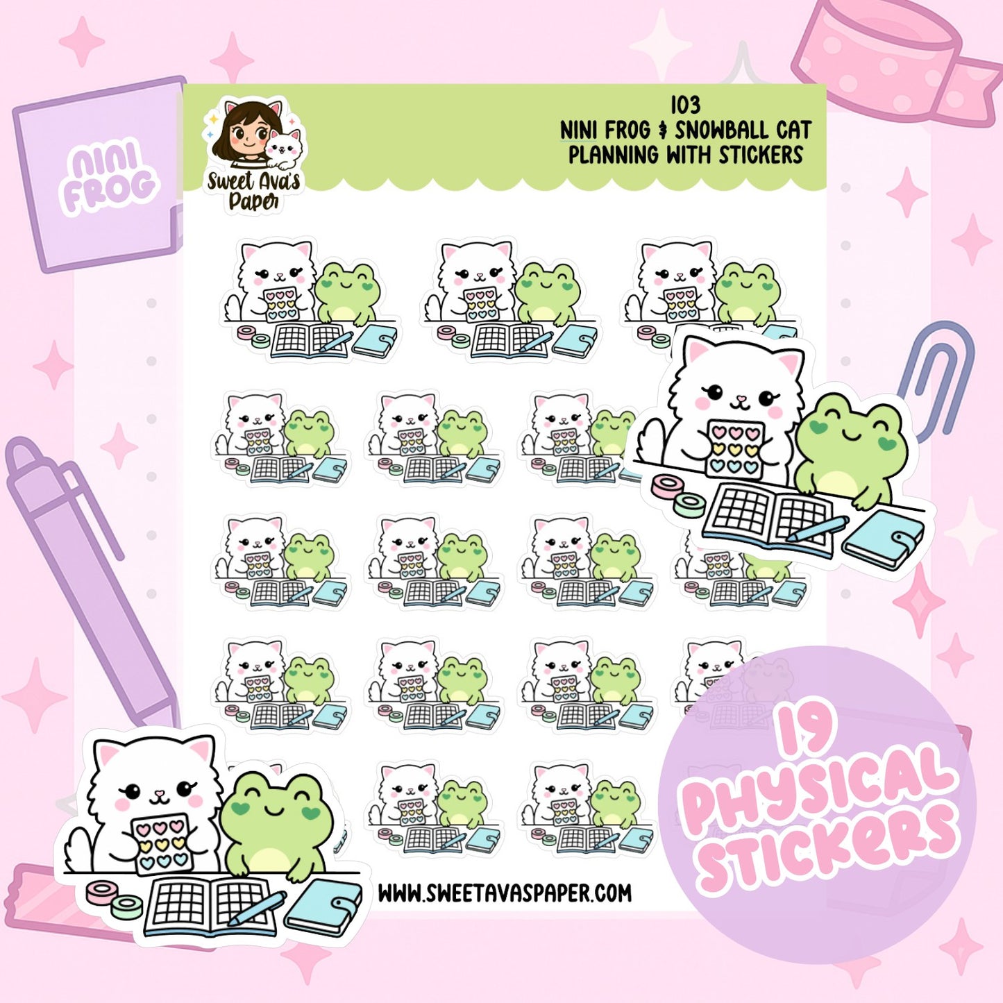 Nini Frog & Snowball Cat Planning With Stickers – Physical Kawaii Planner Stickers for Journals [103]