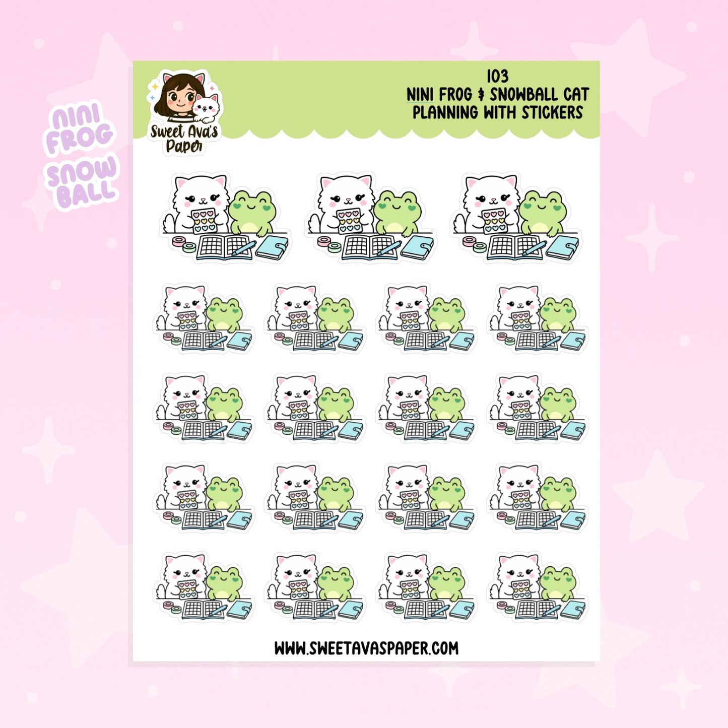 Nini Frog & Snowball Cat Planning With Stickers – Physical Kawaii Planner Stickers for Journals [103]