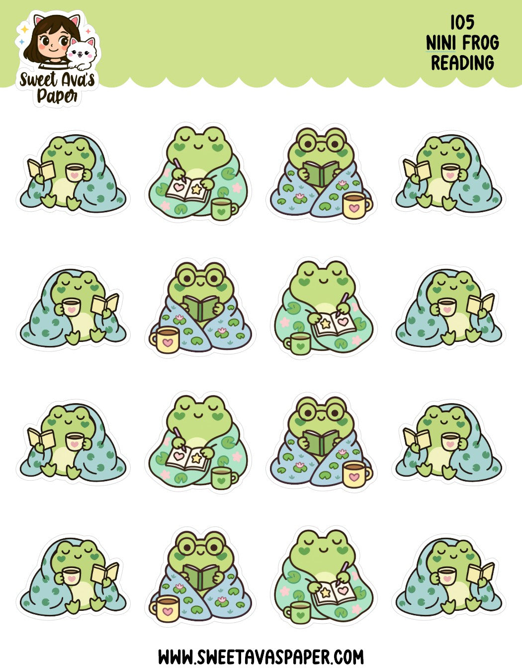 Nini Frog Reading Planner Stickers – Physical Kawaii Cozy & Book Lover Stickers for Planners [105]
