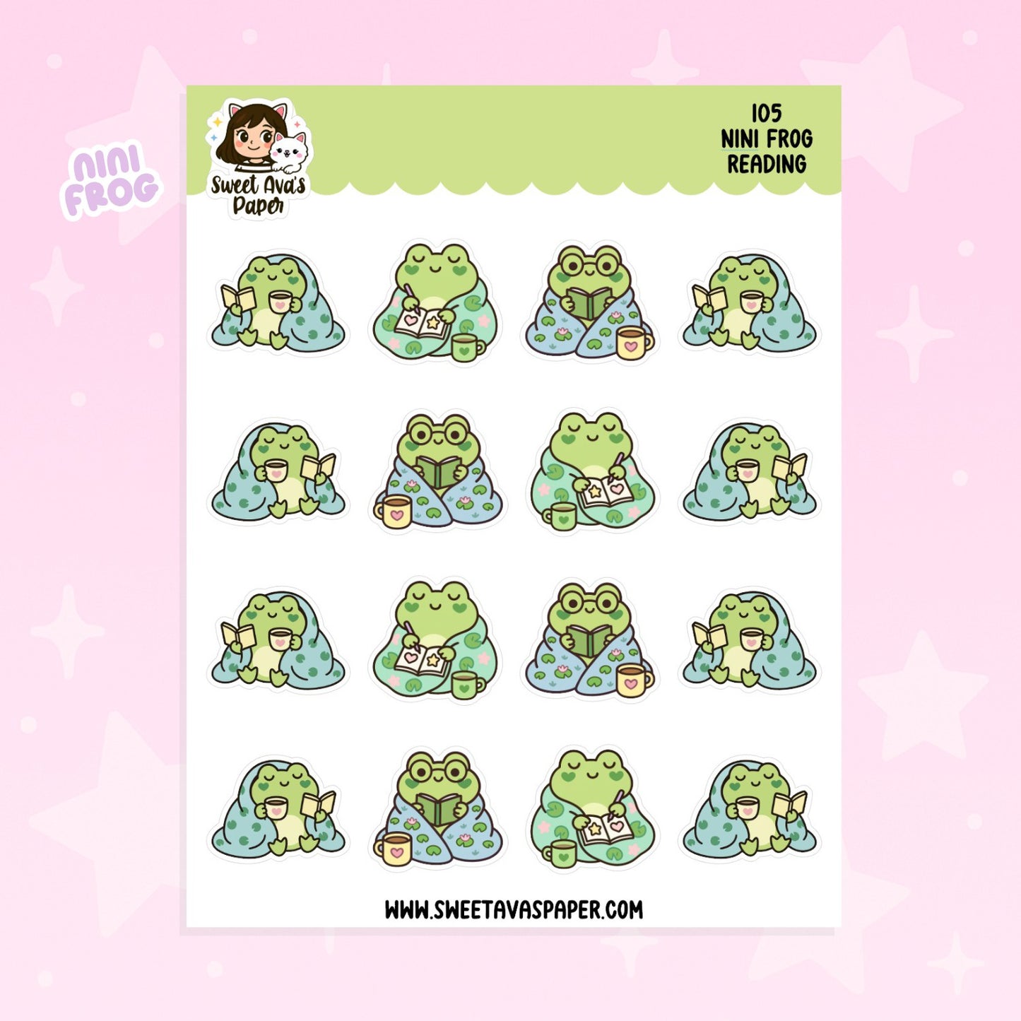Nini Frog Reading Planner Stickers – Physical Kawaii Cozy & Book Lover Stickers for Planners [105]
