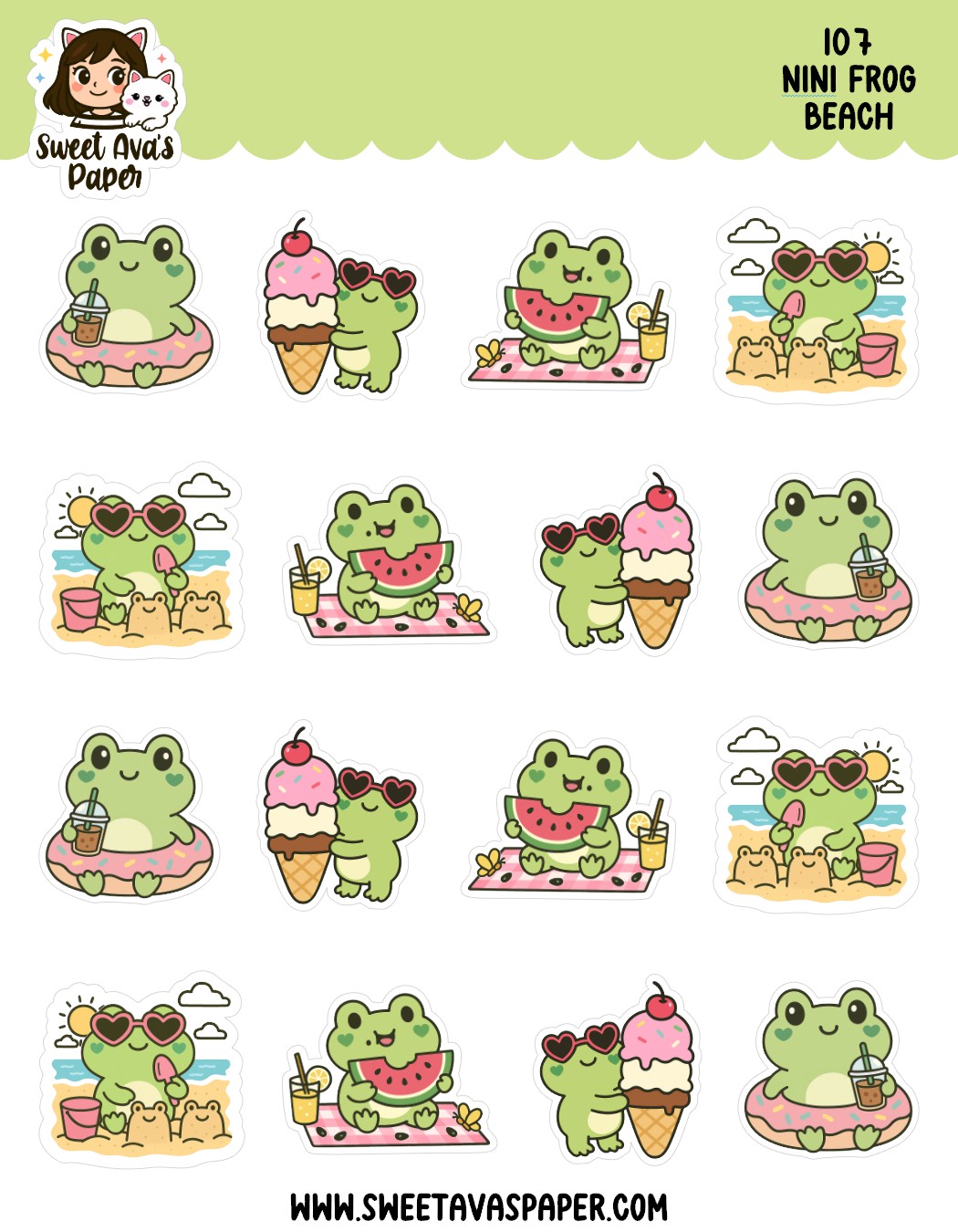 Nini Frog Beach Planner Stickers – Physical Kawaii Summer & Vacation Stickers for Planners [107]