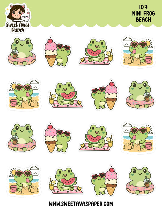 Nini Frog Beach Planner Stickers – Physical Kawaii Summer & Vacation Stickers for Planners [107]