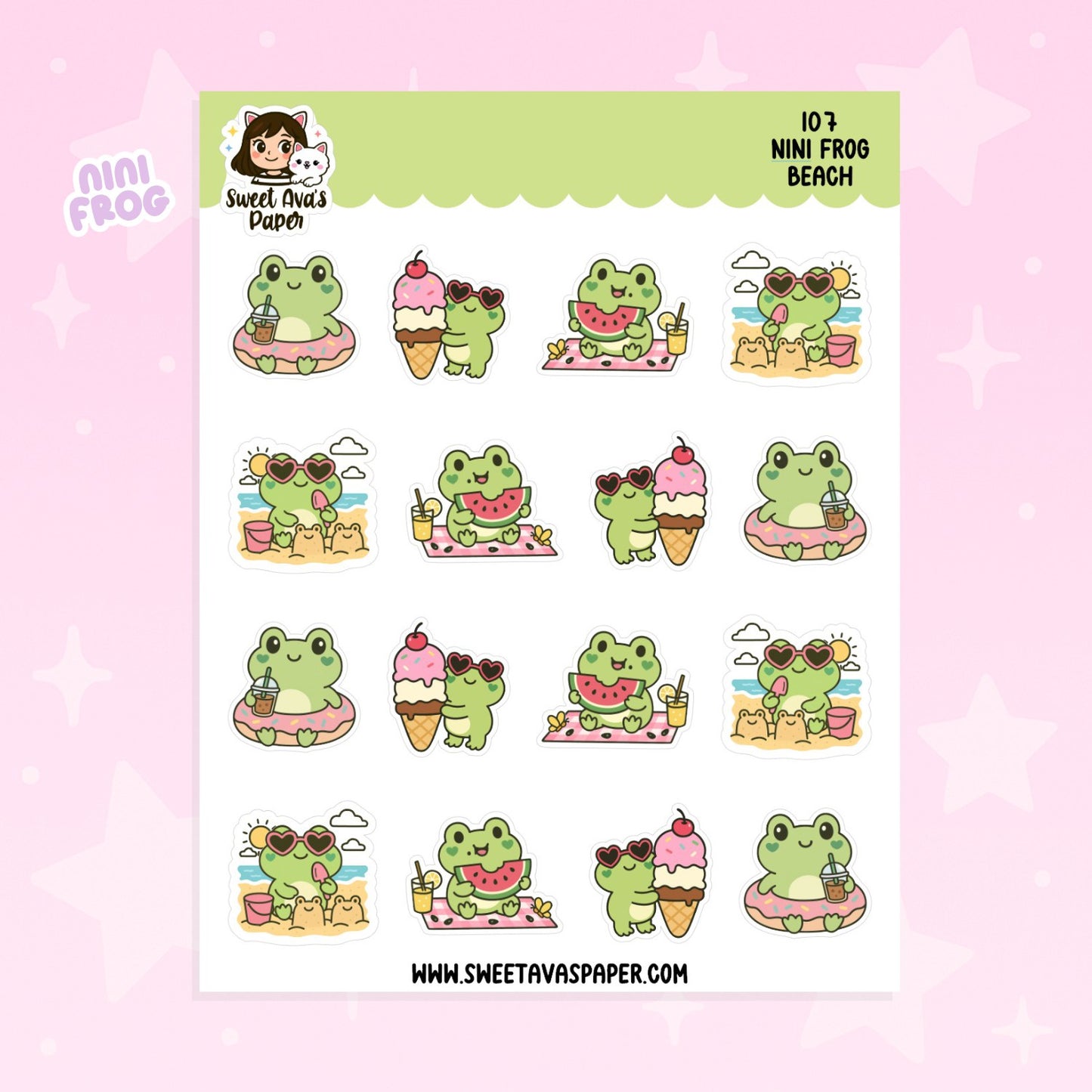 Nini Frog Beach Planner Stickers – Physical Kawaii Summer & Vacation Stickers for Planners [107]
