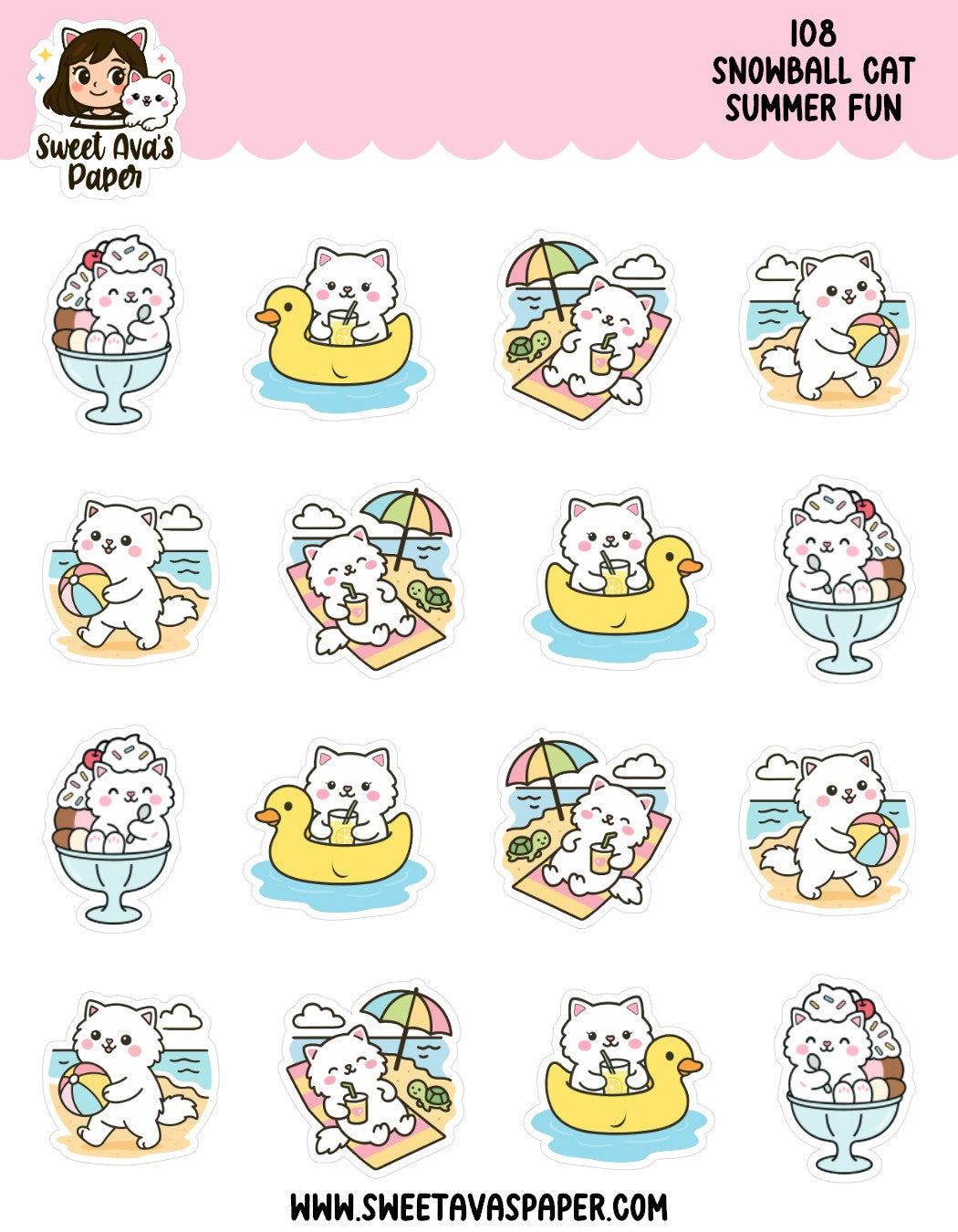 Snowball Cat Summer Fun Planner Stickers – Physical Kawaii Beach & Vacation Stickers for Planners [108]