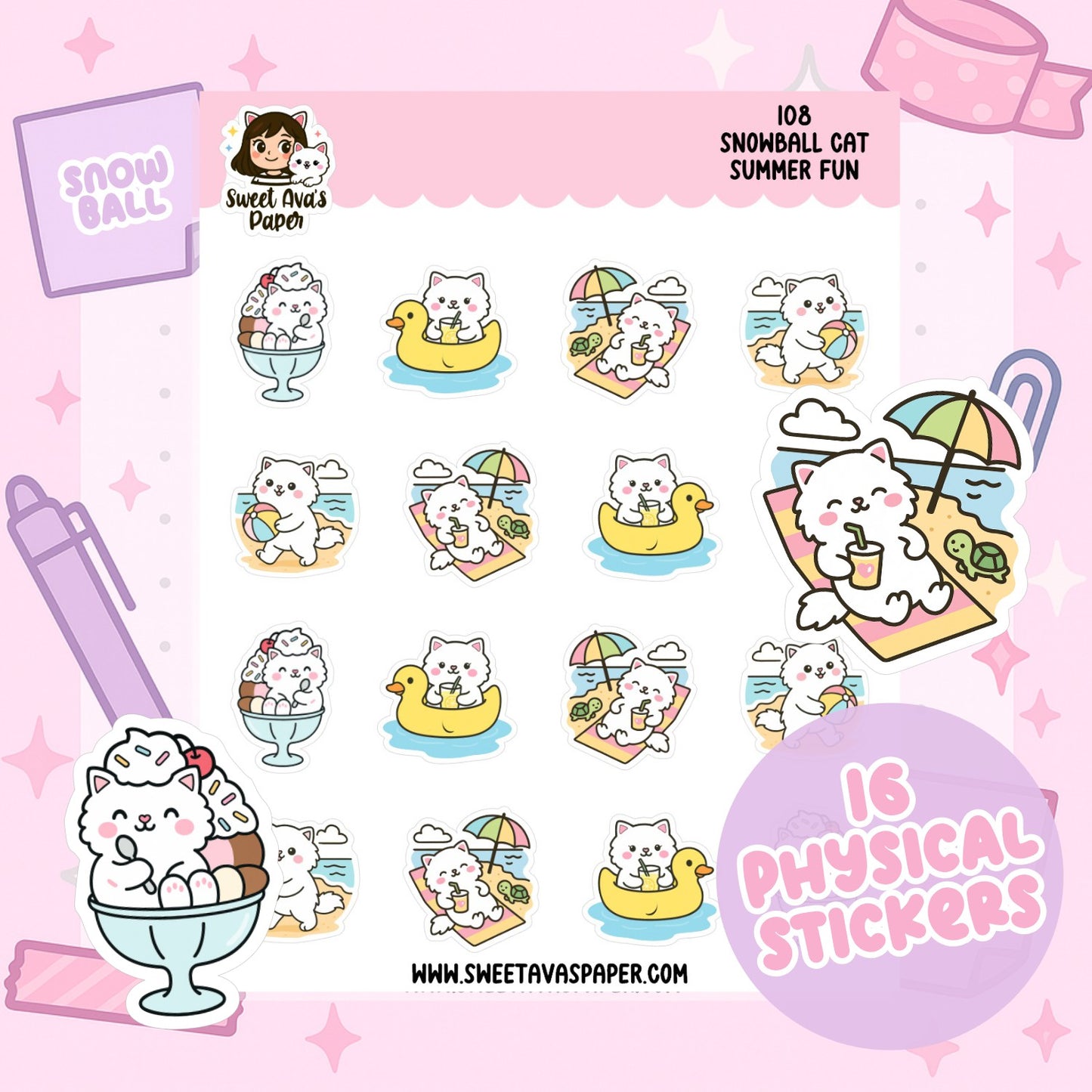 Snowball Cat Summer Fun Planner Stickers – Physical Kawaii Beach & Vacation Stickers for Planners [108]