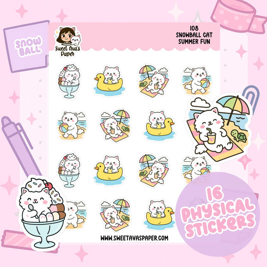 Snowball Cat Summer Fun Planner Stickers – Physical Kawaii Beach & Vacation Stickers for Planners [108]