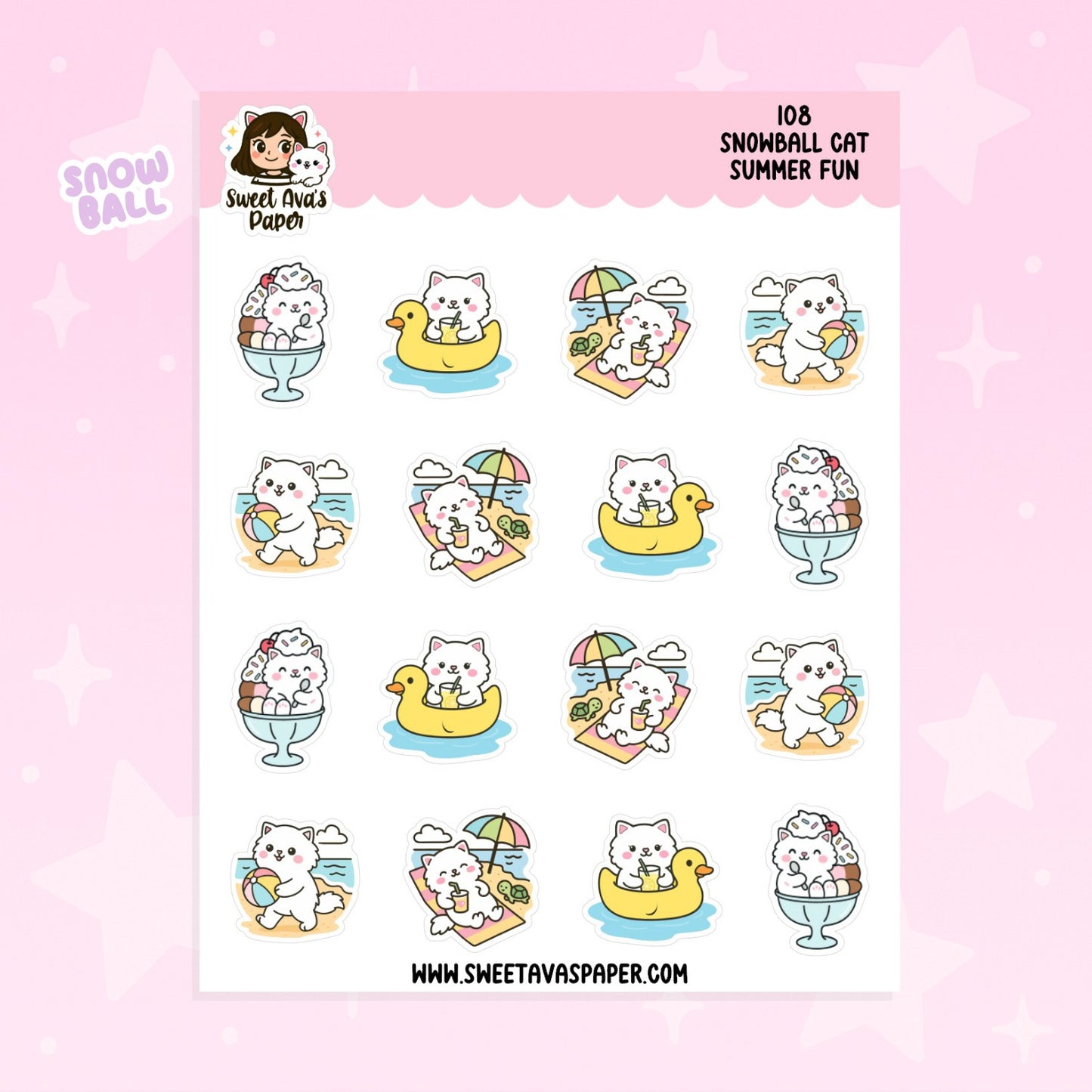 Snowball Cat Summer Fun Planner Stickers – Physical Kawaii Beach & Vacation Stickers for Planners [108]