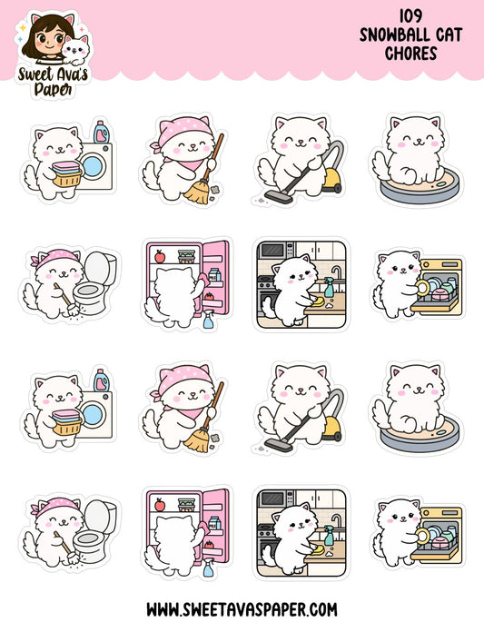 Snowball Cat Chores Planner Stickers – Physical Kawaii Cleaning & Household Stickers for Planners [109]