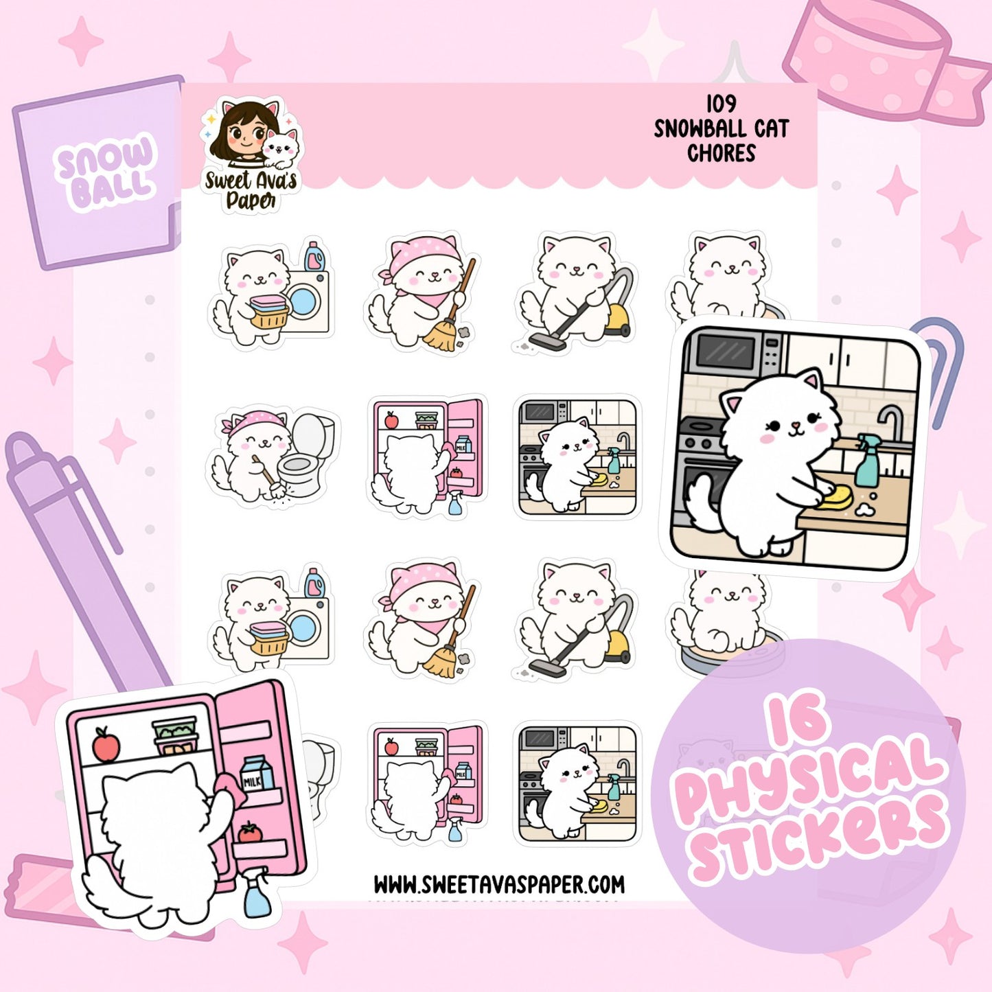 Snowball Cat Chores Planner Stickers – Physical Kawaii Cleaning & Household Stickers for Planners [109]