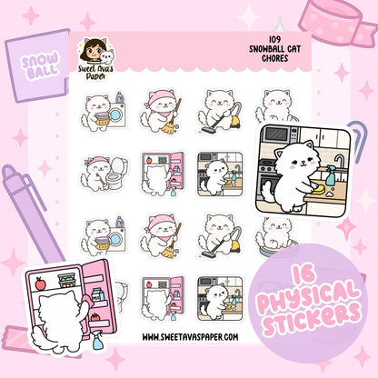 Snowball Cat Chores Planner Stickers – Physical Kawaii Cleaning & Household Stickers for Planners [109]