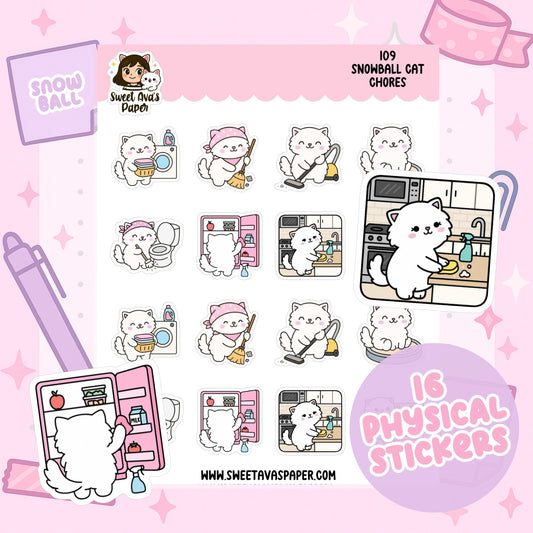 Snowball Cat Chores Planner Stickers – Physical Kawaii Cleaning & Household Stickers for Planners [109]