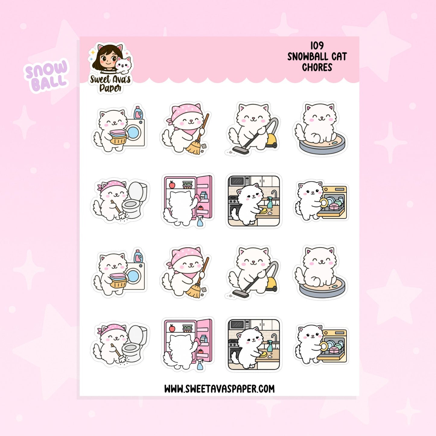 Snowball Cat Chores Planner Stickers – Physical Kawaii Cleaning & Household Stickers for Planners [109]