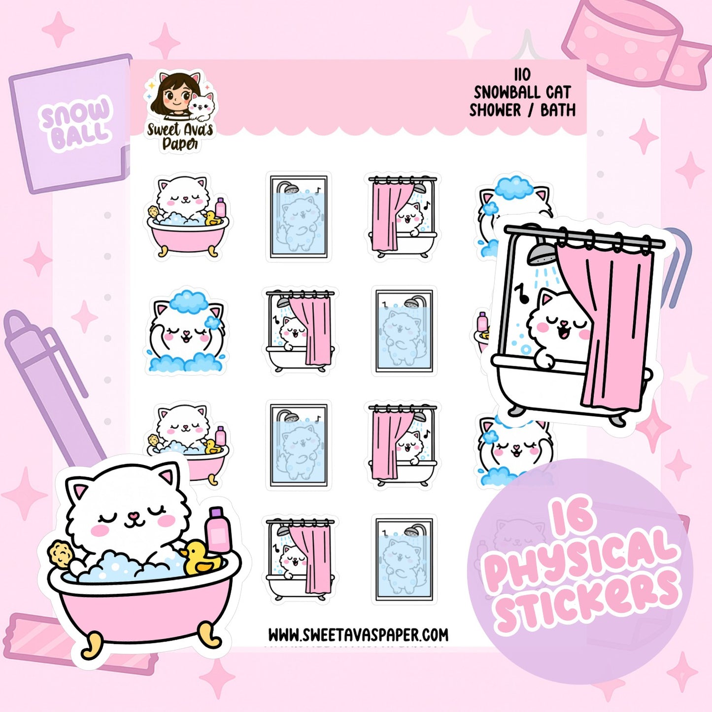 Snowball Cat Shower / Bath Planner Stickers – Physical Kawaii Self-Care Stickers for Planners & Journals [110]