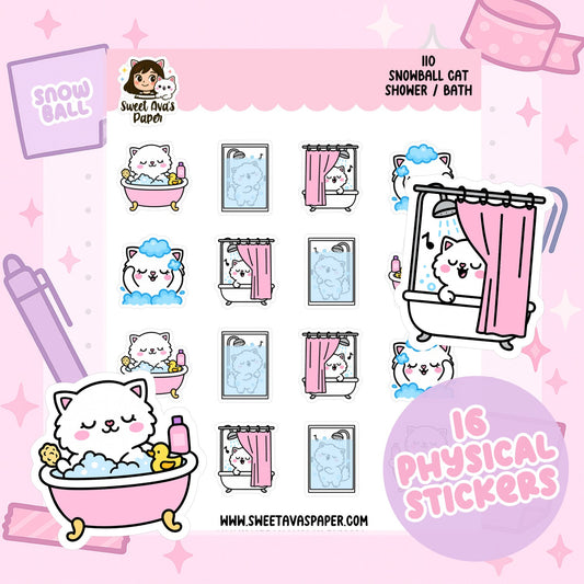 Snowball Cat Shower / Bath Planner Stickers – Physical Kawaii Self-Care Stickers for Planners & Journals [110]