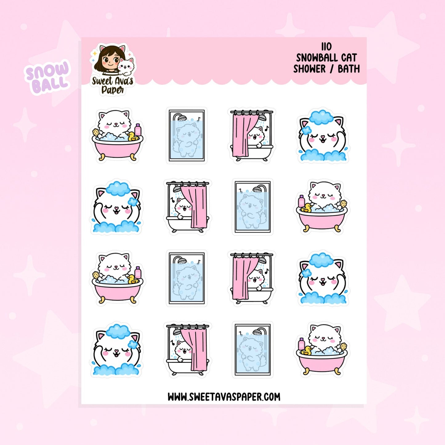 Snowball Cat Shower / Bath Planner Stickers – Physical Kawaii Self-Care Stickers for Planners & Journals [110]
