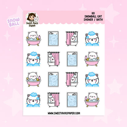 Snowball Cat Shower / Bath Planner Stickers – Physical Kawaii Self-Care Stickers for Planners & Journals [110]