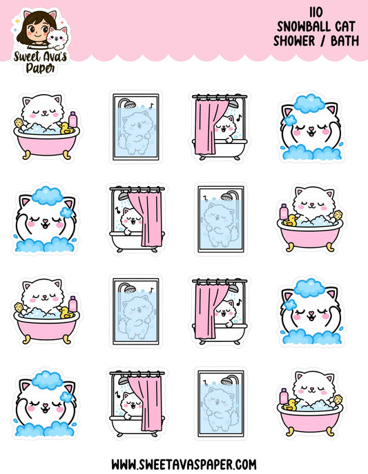 Snowball Cat Shower / Bath Planner Stickers – Physical Kawaii Self-Care Stickers for Planners & Journals [110]