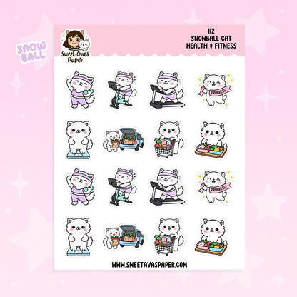 Snowball Cat Health & Fitness Planner Stickers – Physical Kawaii Workout & Self-Care Stickers [112]