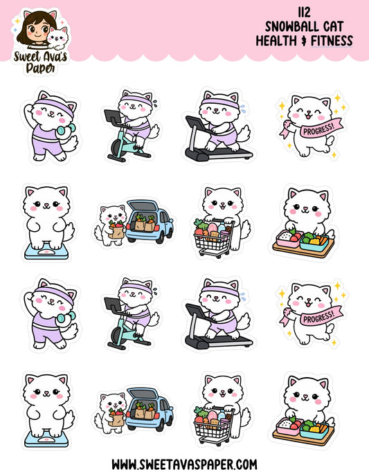 Snowball Cat Health & Fitness Planner Stickers – Physical Kawaii Workout & Self-Care Stickers [112]