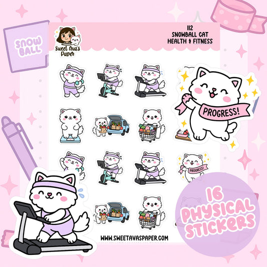 Snowball Cat Health & Fitness Planner Stickers – Physical Kawaii Workout & Self-Care Stickers [112]