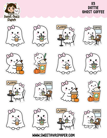 Dottie Ghost Coffee Planner Stickers – Physical Ghost Character Coffee & Seasonal Stickers [113]