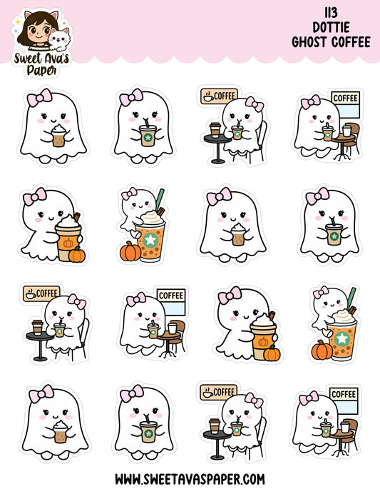 Dottie Ghost Coffee Planner Stickers – Physical Ghost Character Coffee & Seasonal Stickers [113]