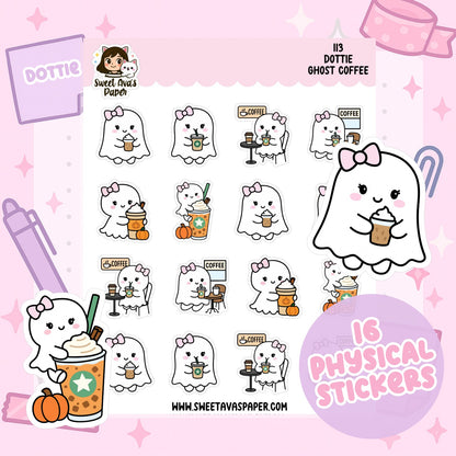Dottie Ghost Coffee Planner Stickers – Physical Ghost Character Coffee & Seasonal Stickers [113]
