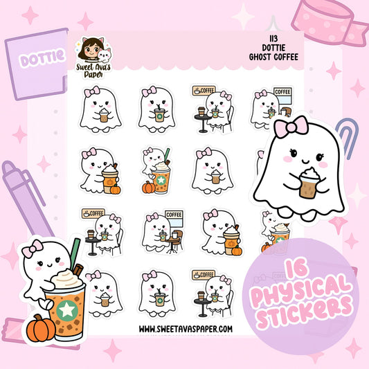Dottie Ghost Coffee Planner Stickers – Physical Ghost Character Coffee & Seasonal Stickers [113]
